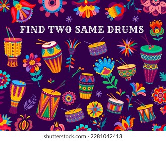 Encuentra dos tambores brasileños, juego de preguntas para niños, hoja de cálculo de rompecabezas vectoriales. Tambores brasileños coloridos e instrumentos musicales con flores tropicales para buscar y encontrar el mismo juego de preguntas y respuestas lógicas para niños