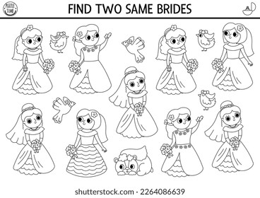 Find two same brides. Marriage ceremony black and white matching activity. Wedding educational coloring page worksheet for kids. Printable game with cute girls in white dresses, veil
