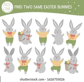 Find two same bunnies. Easter matching activity for preschool children with cute rabbits. Funny spring game for kids. Logical quiz worksheet