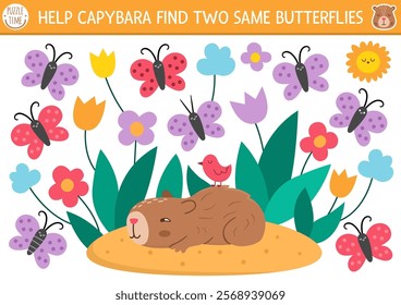 Find two same butterflies. Capybara matching activity for children. Educational quiz worksheet for kids for attention skills. Printable game with cute capibara looking for insects in flower garden