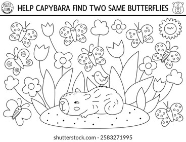 Find two same butterflies. Capybara black and white matching activity for children. Educational line quiz worksheet for kids. Printable game, coloring page with cute capibara looking for insects