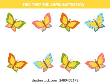 Find two the same butterflies. Educational logical game for kids. Printable worksheet with cute cartoon insects.