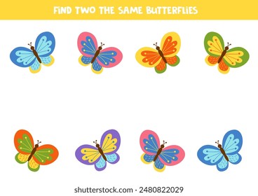 Find two the same butterflies. Educational logical game for kids. Printable worksheet with cute cartoon insects.