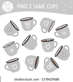 Find two same cacao cups. Winter matching activity for preschool children. Funny game for kids with mugs and drink. Logical quiz worksheet