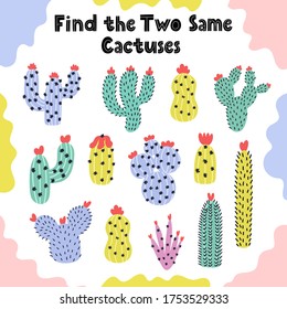 Find two same cactuses logical game for kids. Activity page template for children. Vector illustration