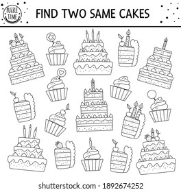 Find two same cakes. Holiday black and white matching activity for children. Funny outline educational Birthday logical quiz worksheet for kids. Simple line printable celebration game with desserts