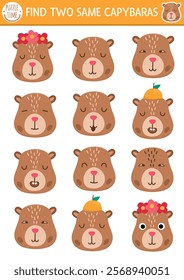 Find two same capybara faces. Matching activity for children with capibara heads. Educational quiz worksheet for kids for attention skills. Simple printable game with cute brown animals