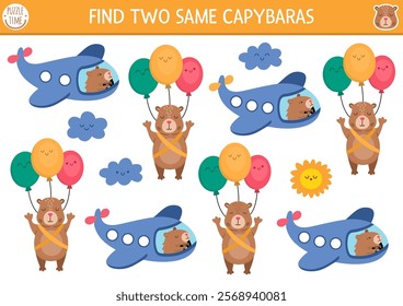 Find two same capybaras. Capibara matching activity for children. Educational quiz worksheet for kids for attention skills. Simple printable game with animals flying on plane and balloons