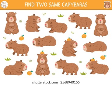 Find two same capybaras. Capibara matching activity for children. Educational quiz worksheet for kids for attention skills. Simple printable game with cute brown animals