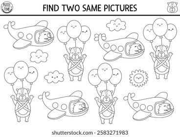 Find two same capybaras. Capibara black and white matching activity for children. Educational line quiz worksheet for kids. Printable game, coloring page with animals flying on plane and balloons
