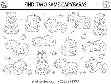 Find two same capybaras. Capibara black and white matching activity for children. Educational line quiz worksheet for kids for attention skills. Simple printable game, coloring page with cute animals
