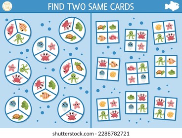 Find two same cards with water animals. Under the sea matching activity for children. Educational quiz worksheet for kids for attention skills. Simple ocean life printable game with starfish, fish