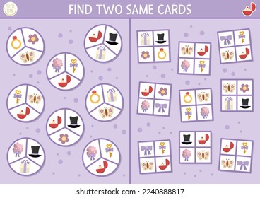 Find two same cards with wedding objects. Marriage ceremony matching activity for children. Educational quiz worksheet for kids for attention skills. Simple printable game with ring, gift
