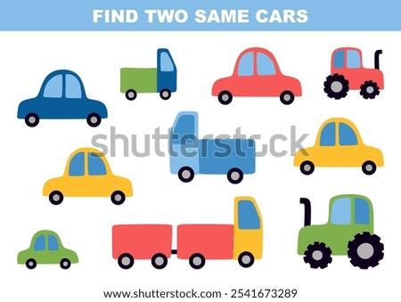 Find two same cars among automobiles, trucks and tractors. Game for children