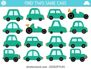 Find two same cars. Transportation matching activity for children. City transport educational quiz worksheet for kids for attention skills. Simple printable game with cute vehicles
