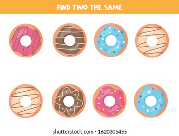 Find Two The Same Cartoon Donuts. Logical Game For Children.