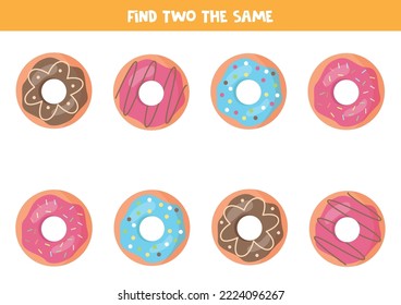 Find two the same cartoon donuts. Logical game for children.
