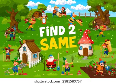 Finden Sie zwei gleiche Cartoon-Märchen lustige Gnome im Dorf, Vektor-Quiz-Spiel für Kinder. Kleine Elfenbein- oder Zwerge im Wald oder Gartendorf für Rätsel-Spiel, um dieselben Objekte auf dem Bild zu finden und zu vergleichen