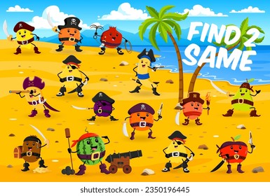 Find two same cartoon fruit pirates and corsairs characters game. Kids puzzle quiz vector worksheet with pirate treasure island background. Cute mango, apple, orange and banana corsairs personages