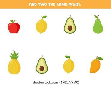 Find two the same cartoon fruits. Educational logical game for kids.