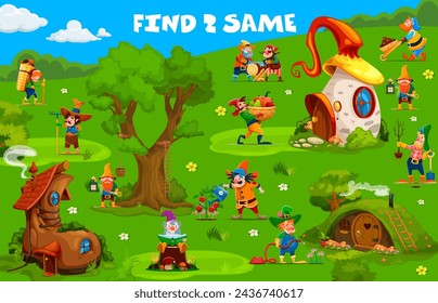 Find two same cartoon garden gnome or dwarf character kids game worksheet. Vector educational children riddle with funny leprechauns, hobbits or goblins doing daily activities in village with houses