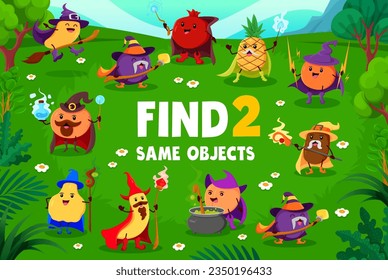 Find two same cartoon halloween fruit wizards and mages. Same fruit finding kids quiz vector worksheet with mango, plum, pomegranate and pineapple, orange, peach fruit sorcerers cheerful personages