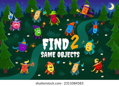 Find two same cartoon mineral and micronutrient wizards. Kids vector game worksheet. Educational children riddle, leisure activity with K, Mn, I, Fe and P, Cu, Mg, Zn, Se or Cl and Na characters