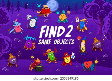 Find two same cartoon vitamin wizard characters kids game worksheet. Vector riddle with H, U, B12, B1, B6 and K. E and P, and D warlock capsule characters. Educational children leisure activity