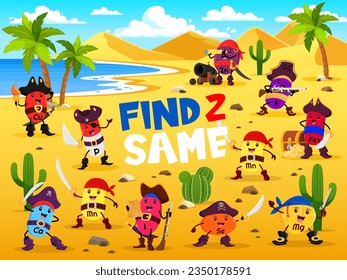 Find two same cartoon vitamins and micronutrients pirate characters kids vector game. Educational children riddle, leisure activity with P, Se, Ca or Zn. Na, Mn, I and K, Mg, Fe, or Cu supplements