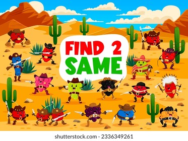 Find two same cartoon western berry cowboy, sheriff, ranger and bandit characters. Kids game vector worksheet with blackberry, rosehip, cherry. Honeyberry, grapes and strawberry, raspberry, gooseberry
