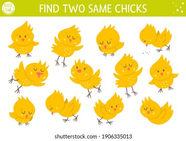 Find two same chicks. Easter matching activity for children. Funny spring educational logical quiz worksheet for kids. Simple printable game with cute chickens
