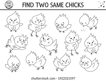 Find two same chicks. Easter black and white matching activity for children. Funny spring educational logical quiz worksheet for kids. Simple printable game or coloring page with cute chickens

