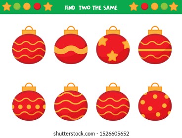 Find two the same Christmas balls. Educational game for kids. Worksheet for preschool children.