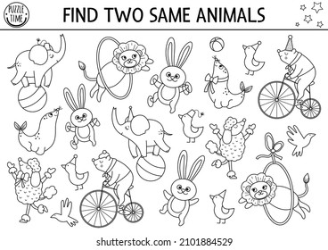 Find two same circus animals. black and white matching activity for children. Amusement show educational line quiz worksheet for kids. Simple printable game or coloring page
