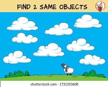 Find two the same clouds. Educational matching game for children. Cartoon vector illustration