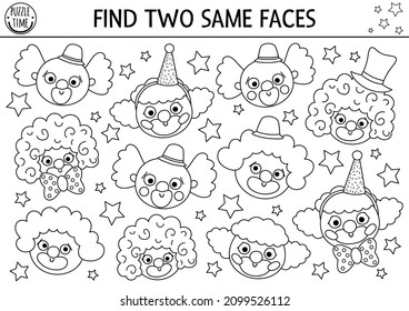 Find two same clown faces. Circus black and white matching activity for children. Amusement show line educational quiz worksheet for kids. Simple printable game or coloring page
