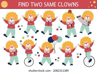 Find two same clowns. Circus matching activity for children. Amusement show educational quiz worksheet for kids for attention skills. Simple entertainment festival printable game
