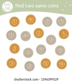 Find Two Same Coins. Saint Patrick’s Day Matching Activity For Preschool Children With Money. Funny Spring Game For Kids. Logical Quiz Worksheet