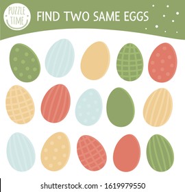 Find two same colored eggs. Easter matching activity for preschool children. Funny spring game for kids. Logical quiz worksheet