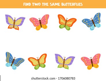 Encuentra dos mariposas de colores. Juego lógico para la atención.