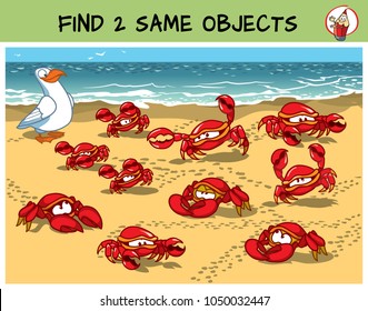 Find two the same crabs in the picture. Educational matching game for children. Cartoon vector illustration