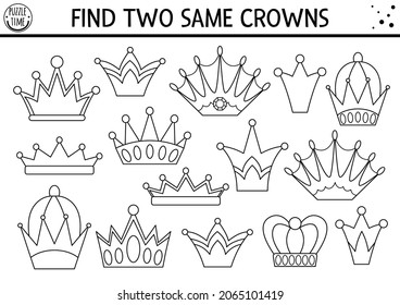 Find two same crowns. Black and white fairytale matching activity for children. Magic kingdom quiz worksheet for kids for attention skills. Simple printable game or coloring page
