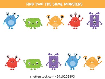 Find two the same cute colorful monsters. Educational logical game for kids. 