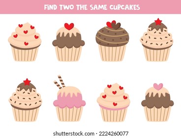 Find two the same cute cupcakes. Educational logical game for kids.