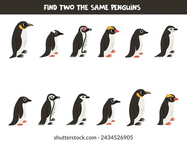 Find two the same cute penguins. Educational logical game for kids.