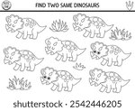 Find two same dinosaurs. Prehistoric black and white matching activity. Dino educational line quiz, worksheet for kids with ancient animals. Printable game, coloring page with triceratops
