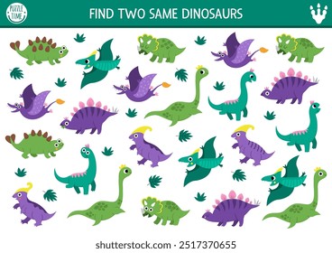 Finde zwei gleiche Dinosaurier. Prähistorische Matching-Aktivität für Kinder. Dino Land Lernquiz Arbeitsblatt für Kinder mit alten Tieren. Druckbares Spiel mit niedlichen Triceratops, Stegosaurier
