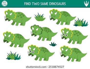 Finde zwei gleiche Dinosaurier. Prähistorische Matching-Aktivität für Kinder. Dino Land Lernquiz Arbeitsblatt für Kinder mit alten Tieren. Druckbares Spiel mit niedlichen Triceratops
