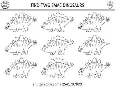 Find two same dinosaurs. Prehistoric black and white matching activity. Dino educational line quiz, worksheet for kids with ancient animals. Printable game, coloring page with stegosaur
