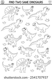 Find two same dinosaurs. Prehistoric black and white matching activity. Dino educational line quiz, worksheet for kids with ancient animals. Printable game, coloring page with T-rex, velociraptor